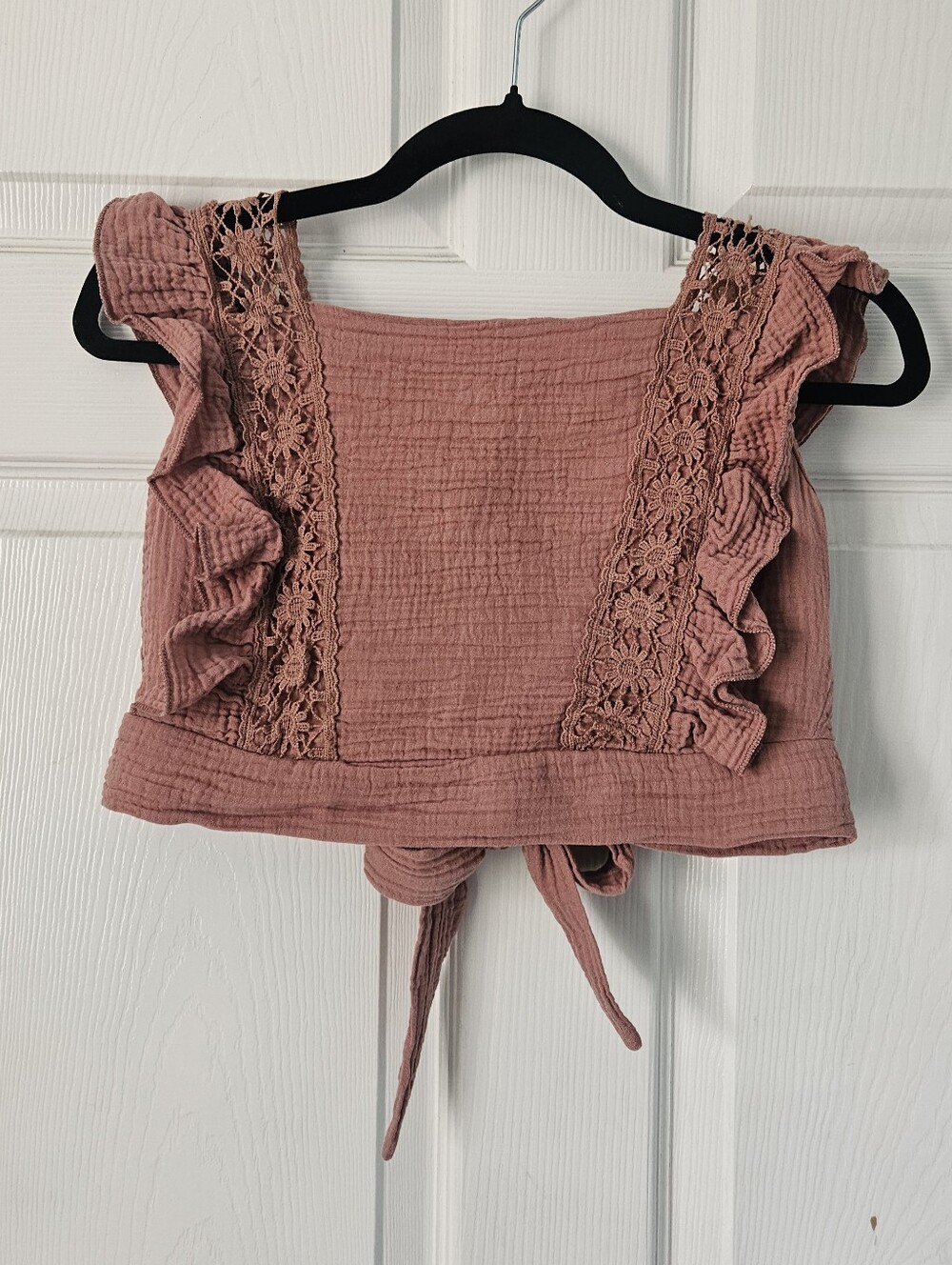 Romantic Ruffle Crochet Floral Lace Open Tie Back Crop Top Boho 100% Cotton XS